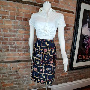 SOLD VTG Petite Sophisticate Skirt Chain Status Print Black Multi Wrap Size 12